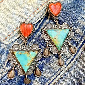 Navajo STERLING TURQUOISE SPINY OYSTER DANGLE EARRINGS Vintage stamped D. REEVES
